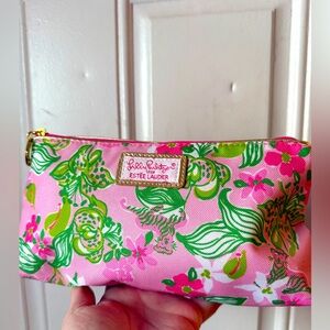 Lily Pulitzer x Estée Lauder pink and green tiger cosmetic bag